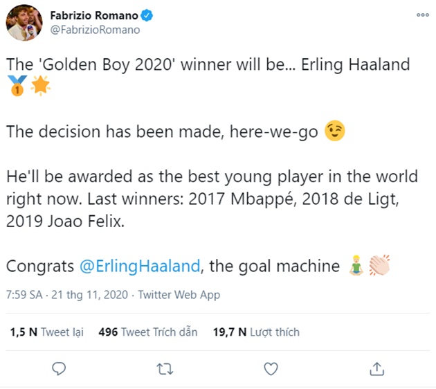Haaland được xác nhận chiến thắng giải thưởng Golden Boy 2020